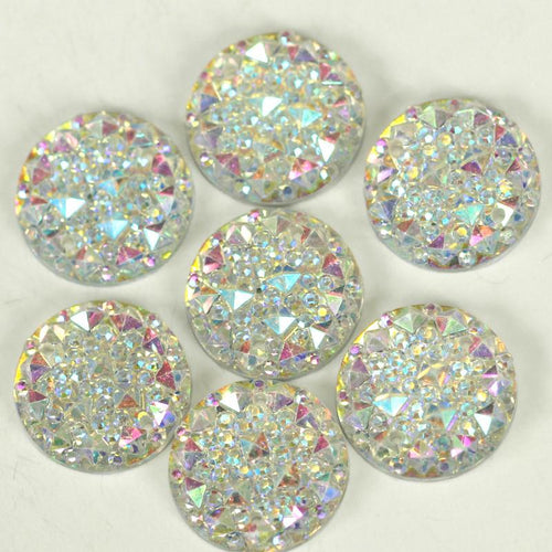 14mm White AB, Pink AB, Light Purple AB, Light Blue AB, Pale Yellow AB, Circle Shaped, Druzy Textured, Sew On, Resin Gem