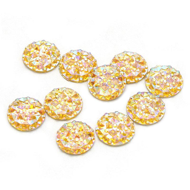 14mm White AB, Pink AB, Light Purple AB, Light Blue AB, Pale Yellow AB, Circle Shaped, Druzy Textured, Sew On, Resin Gem