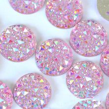 14mm White AB, Pink AB, Light Purple AB, Light Blue AB, Pale Yellow AB, Circle Shaped, Druzy Textured, Sew On, Resin Gem