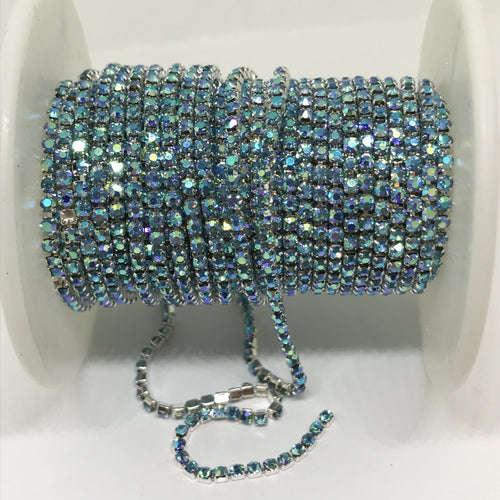 Aquamarine Blue AB Ss6 Rhinestone with Silver Chain, Rhinestone Metal Chain