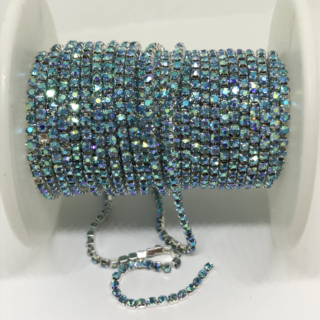 Aquamarine Blue AB Ss6 Rhinestone with Silver Chain, Rhinestone Metal Chain