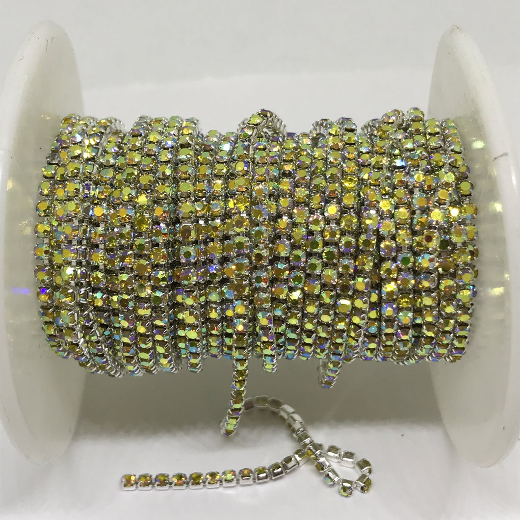 Citron Yellow AB Ss6 Rhinestone with Silver/Gold Chain, Rhinestone Metal Chain