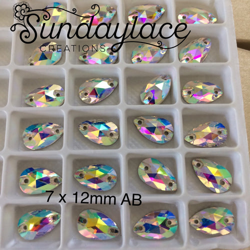 7*12mm Teardrop Fancy Glass Gem sew on Rhinestone, sold in pairs