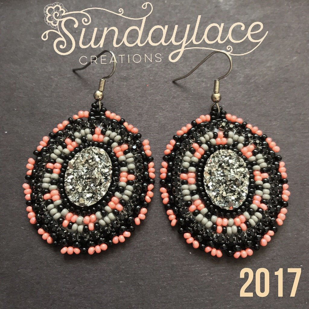 Coral and Grey Druzy on Hooks Beadwork