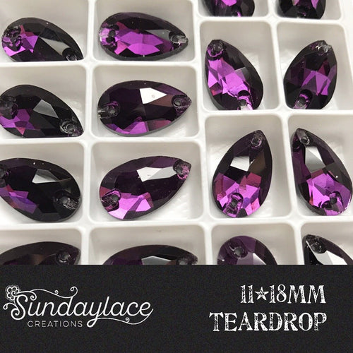 11*18mmm & 13*22mm Purple Velvet Rivoli, Teardrop, Sew on, Glass Gem