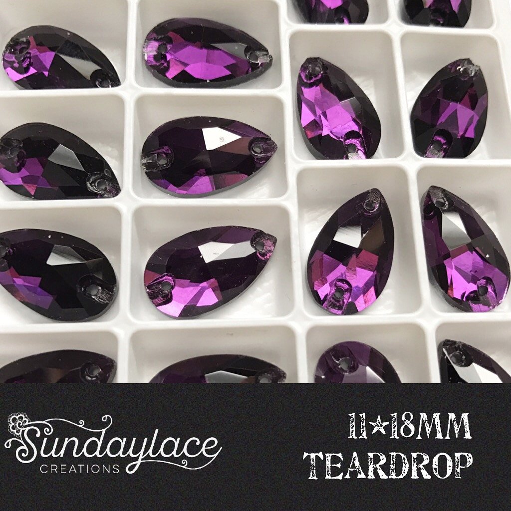11*18mmm & 13*22mm Purple Velvet Rivoli, Teardrop, Sew on, Glass Gem