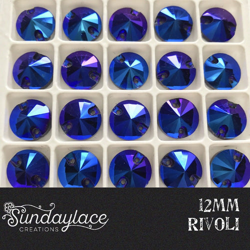12mm Cobalt Blue AB Sew On Glass Gems Flat Back Rivoli Round