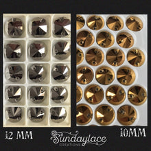 Metallic Silver/Jet Hematite and Gold Metallic,  Glass Gem Sew on Rivoli, 8mm, 10mm, & 12mm
