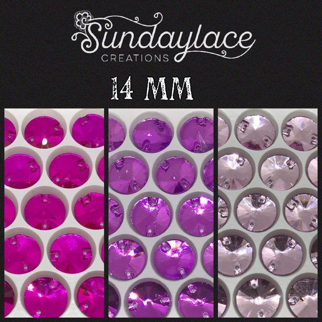 14mm Rose Pink, Dark Purple and Light Purple Rivoli Glass Gem, Sew on