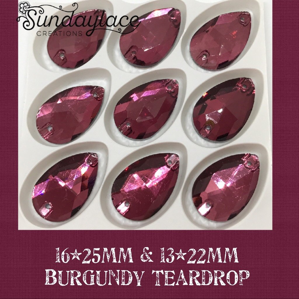 Burgundy Teardrop Sew on Glass gem