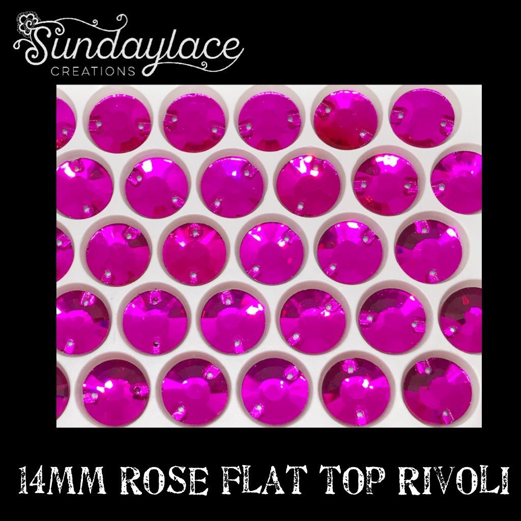 14mm Rose Rivoli Sew on Glass gem Flat top