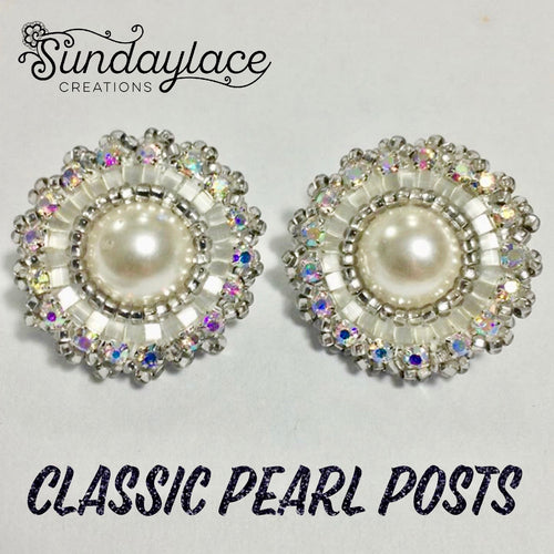 Classic Pearl Posts with Satin Beads & AB Rhinestone Chain Beadwork