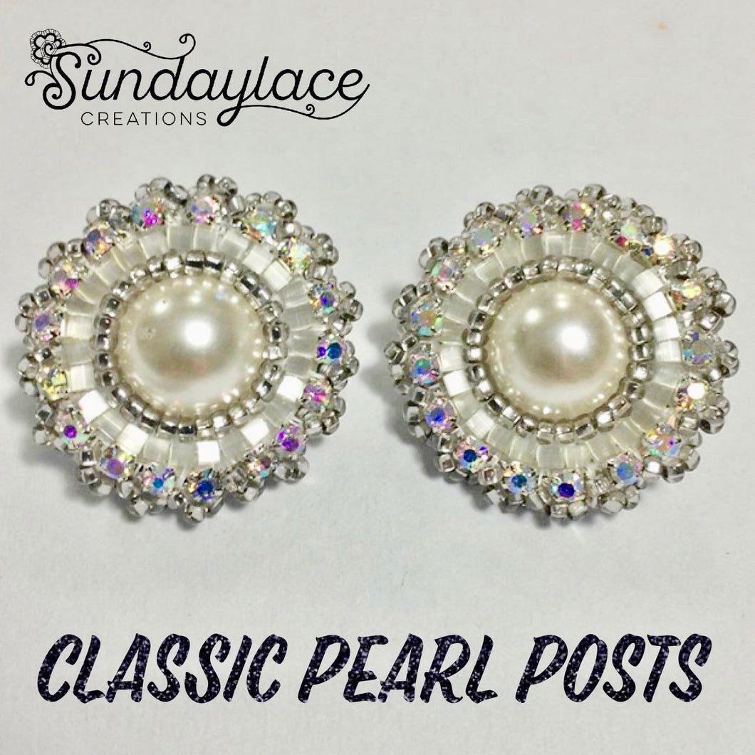 Classic Pearl Posts with Satin Beads & AB Rhinestone Chain Beadwork