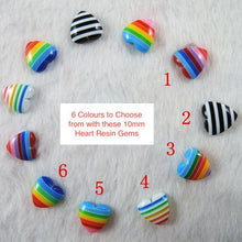 10mm Striped Rainbow Hearts Glue On Resin Gem