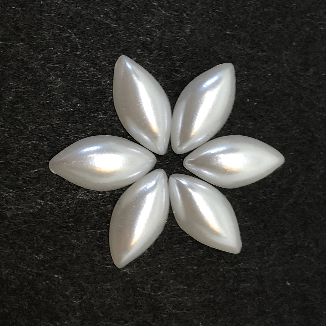 7*12mm Pearl White & Ivory Navette/Horse Eye Shaped, Pearl Resin Gem (Sets of 6 Gems)
