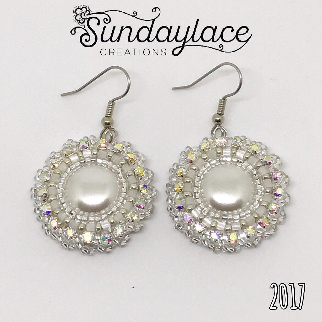 Classic Flat white pearl with silver and satin beads on hooks Beadwork