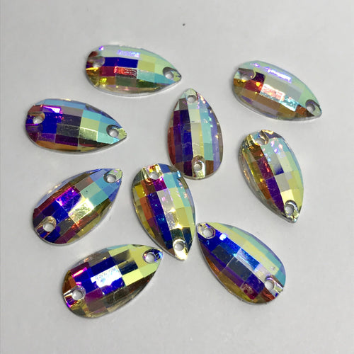 10*18mm AB Checkered patterned Teardrop, flat back, sew on, Resin Gem