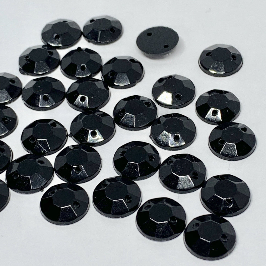 10mm Black Flat top Rivoli, Sew on, Resin Gem