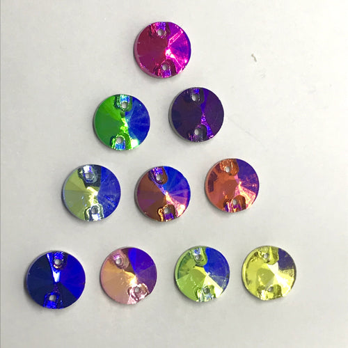 10mm Colourful AB, Rivoli Glass Gem, Sew on