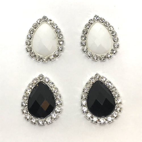 20*25mm White and Black Resin Teardrop in Silver Rhinestone Frame Gem