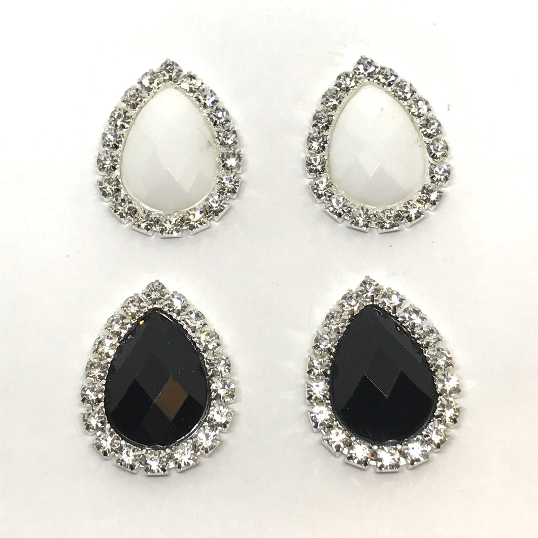 20*25mm White and Black Resin Teardrop in Silver Rhinestone Frame Gem